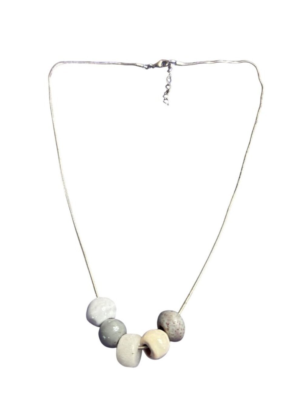 Glazed Pottery and Stone Beaded Necklace Silvertone Serpentine Chain